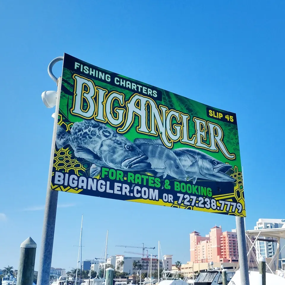 Big Angler fishing charters slip sign printed to match the boat wrap