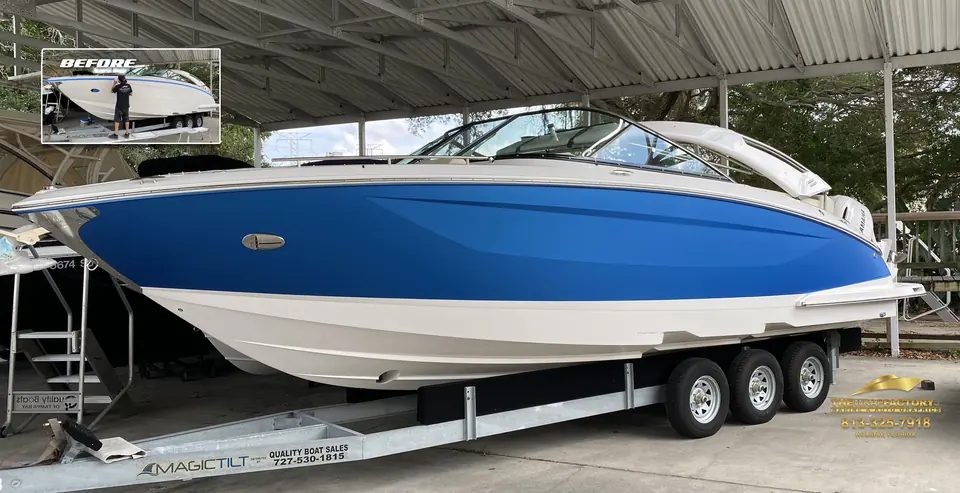 Bowrider after a blue hull wrap, with its before shot inset