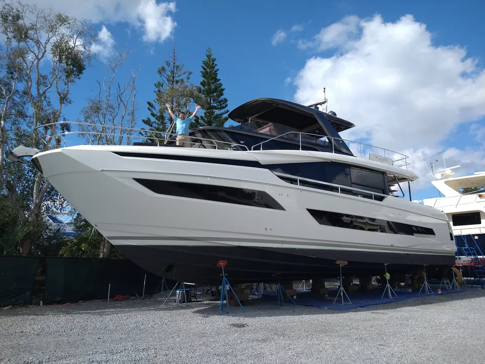 Prestige yacht on stands in the yard after its wrap install