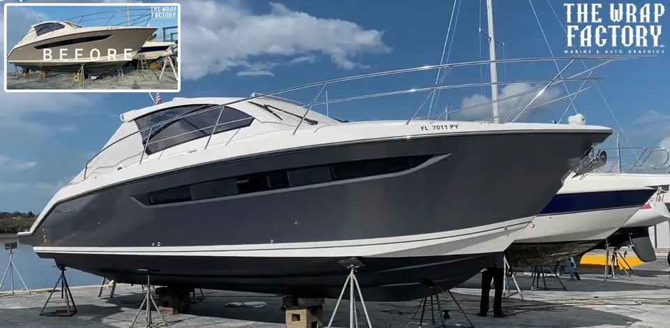 Express cruiser after a grey color-change wrap, with the white before shot inset
